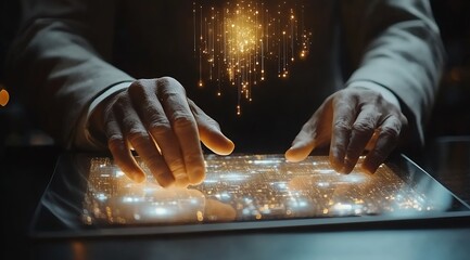 Leinwandbilder - Hands Interacting with a Futuristic Touchscreen Display Featuring Bright Data Projections : Generative AI