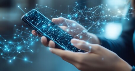 Leinwandbilder - User Interacting with Smartphone Displaying Data and Digital Streams : Generative AI