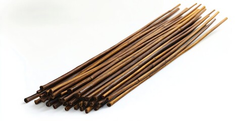 Poster - A stack of natural bamboo sticks in a variety of lengths arranged on a white background : Generative AI