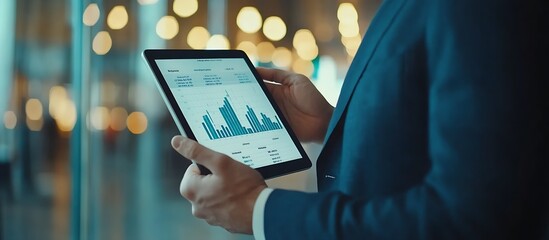Fototapete - Professional man holding a tablet displaying business analytics and data reports in a modern office : Generative AI