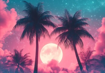 Poster - Dreamy Tropical Night Sky with Palm Trees and a Large Moon in a Mystical Pink and Blue Atmosphere : Generative AI
