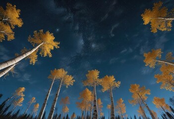 Wall Mural - majestic aspen trees against a clear blue sky with stars, blue sky, mountain range
