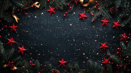 Aufkleber - Snowy Christmas Scene with Red Ornaments and Golden Stars on Dark Surface : Generative AI
