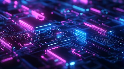Fototapete - Futuristic Technology Background with Neon Lights and Circuit Board Details in Blue and Pink : Generative AI