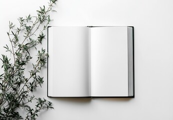 Fototapete - Open Blank Notebook with Greenery on White Background for Minimalist Aesthetic : Generative AI