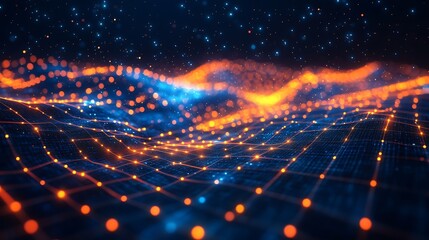Fototapete - Digital landscape with intricate glowing particles and grids depicting technology and data visualization : Generative AI