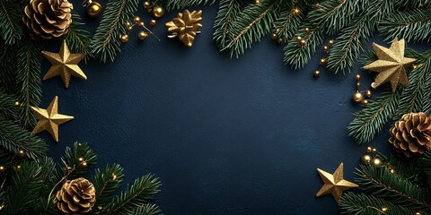 Aufkleber - Golden Christmas Decorations and Pine Cones on Deep Blue Background : Generative AI