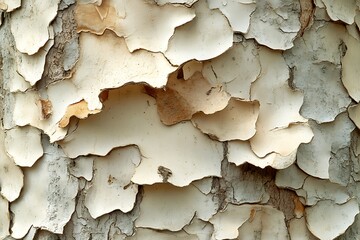 Close-up of textured tree bark, peeling, creamy beige and brown tones.