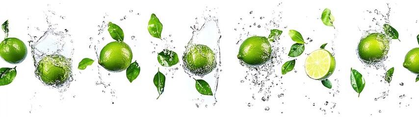 Aufkleber - Fresh Green Limes Splashing in Water with Leaves on a White Background : Generative AI