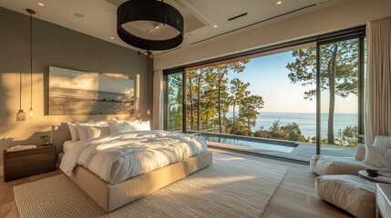 Poster - A spacious bedroom showcases large windows with a stunning view of the ocean. Sunlight floods the room, enhancing the cozy, minimalist decor with a calming ambiance