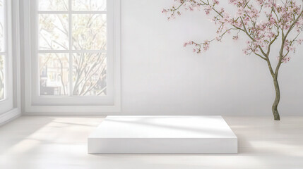 Poster - Minimalist interior design featuring a white platform and a simple tree in a modern space filled with natural light