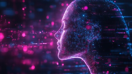 Digital female head profile, glowing particles.
