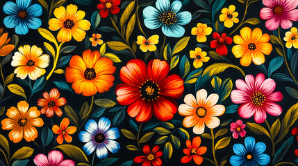 Fototapete - Vibrant flowers in assorted colors and shapes are arranged densely against a contrasting dark background