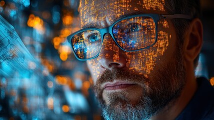 focused man, digital face overlay
