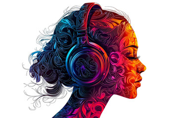 Aufkleber - A woman’s profile is filled with swirling floral patterns, showcasing bright colors and intricate designs, accentuated by her headphones