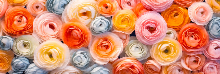 Aufkleber - Colorful arrangement of ranunculus flowers in various shades on a flat surface, showcasing beauty and elegance