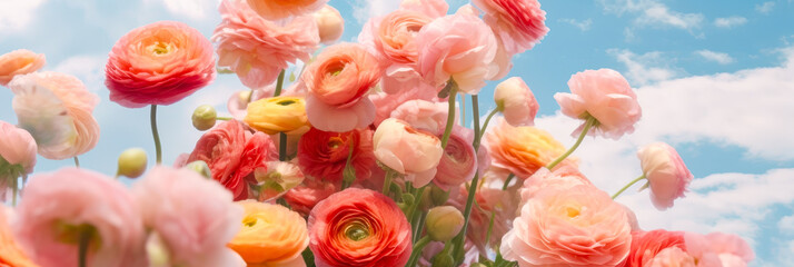 Aufkleber - Colorful ranunculus flowers bloom under a bright blue sky during springtime