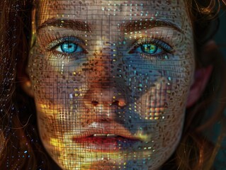 human face with digital projection, augmented reality artistic portrait