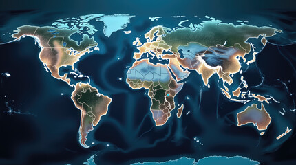 a topographical world map features clear demarcations of continents and oceanic areas. the vibrant b