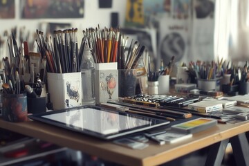 Poster - Creative tools scattered across an artistic workspace with brushes, pencils, and digital tablets arranged in high detail