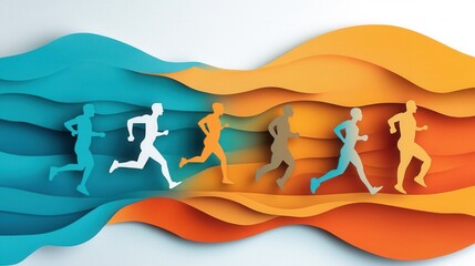 Poster - Dynamic paper cutout illustration of running figures and gym equipment showcasing energetic movement in a sports themed design environment