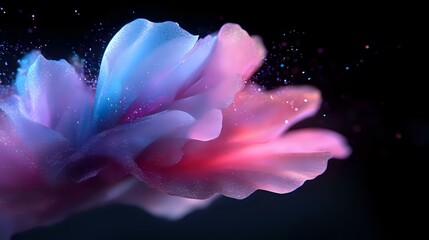 Ethereal flower petals in blue and pink hues glowing against dark background with magical sparkles and dreamy cosmic atmosphere, creating surreal nature art.