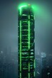 © Petchladda - A futuristic skyscraper glowing with energy-efficient green lights.