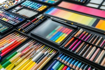 Poster - Creative workspace filled with art tools including brushes, pencils, and digital tablets arranged for inspiration