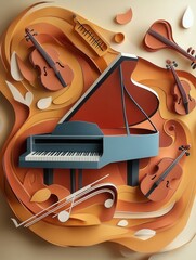 Poster - Musical notes dance around a grand piano and instruments in a vibrant paper craft composition showcasing creativity and art