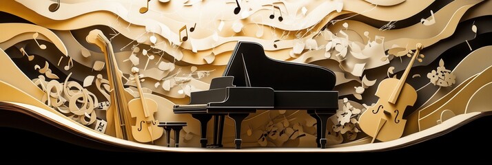 Fototapete - Dynamic paper craft of musical notes flowing around grand piano and string instruments in a vibrant artistic arrangement
