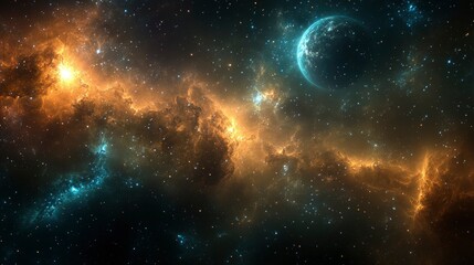 Wall Mural - celestial nebula and distant planet a cosmic landscape