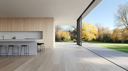 Fototapete - A modern, spacious interior with large windows, showcasing a seamless connection to the outdoors and vibrant autumn colors in the background