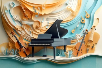 Aufkleber - Dynamic paper craft featuring musical notes flowing around a grand piano and string instruments in an artistic composition