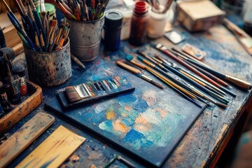 Poster - Creative workspace filled with brushes, pencils, and digital tablets reflects artistic expression and design process in vibrant detail