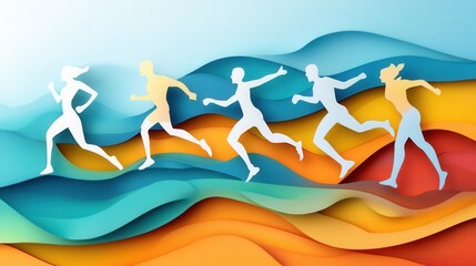Aufkleber - Dynamic paper cutout illustration showcasing energetic running figures and gym equipment in a vibrant sports themed design