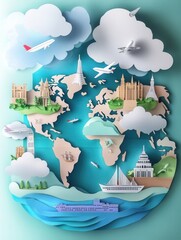 Leinwandbilder - Exploring a dreamy paper art world map featuring landmarks, planes, ships, and clouds in a creative travel themed design