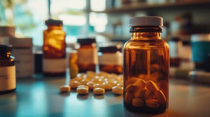 Aufkleber - Vintage pharmacy glass bottles with modern pill packaging create a unique blend of retro and contemporary in warm lighting