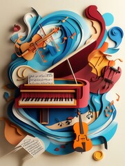 Poster - Dynamic paper craft of musical notes flowing around grand piano, violins, and trumpets in creative display