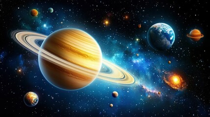 Wall Mural - majestic saturn and the celestial dance of planets in the cosmos