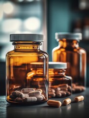 Leinwandbilder - Vintage pharmacy glass bottles showcase retro futurism with modern pill packaging in warm light