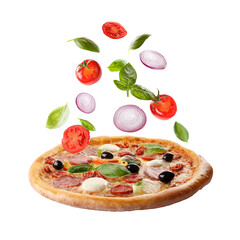 Wall Mural - tasty pizza with flying ingredients