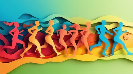 Poster - Dynamic paper cutout illustration capturing the energy of running figures and gym equipment in a vibrant sports themed design