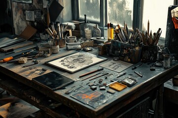 Poster - Creative tools scattered across an artists workspace, showcasing brushes, pencils, and digital tablets in a bright room filled with natural light