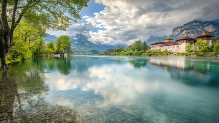 Naklejka na meble Serene river reflecting monastery, mountains, and clouds