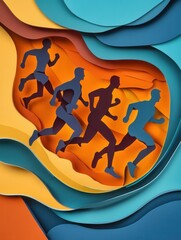 Fototapete - Dynamic sports themed illustration featuring energetic running figures and vibrant gym equipment in motion