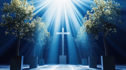Wall Mural - a minimalist deep blue background with symmetrical small squares and cross elements