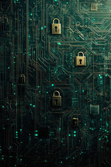 Wall Mural - cybersecurity concept featuring digital circuitry and gold padlocks on dark green background