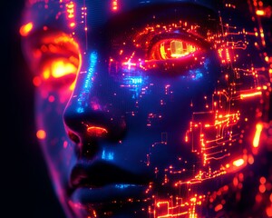 Leinwandbilder - An abstract pixelated robot face with digital holographic effects, glowing circuits, hightech futuristic portrait design, vibrant colors, ultradetailed, 8K UHD
