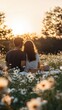 © Postproduction - A couple shares a romantic picnic amid a daisy field in late May sunshine. Vertical.