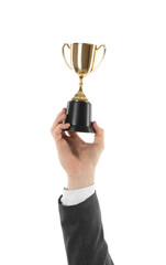Wall Mural - man with golden trophy cup on white background, closeup